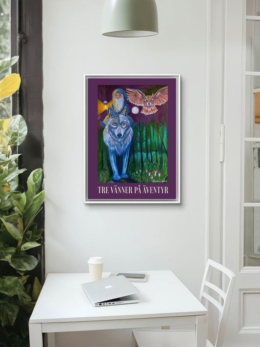 Halvblank 30x40 cm poster med motiv av en varg, en uggla och en trollkarl i en skog, inramad på en vit vägg.