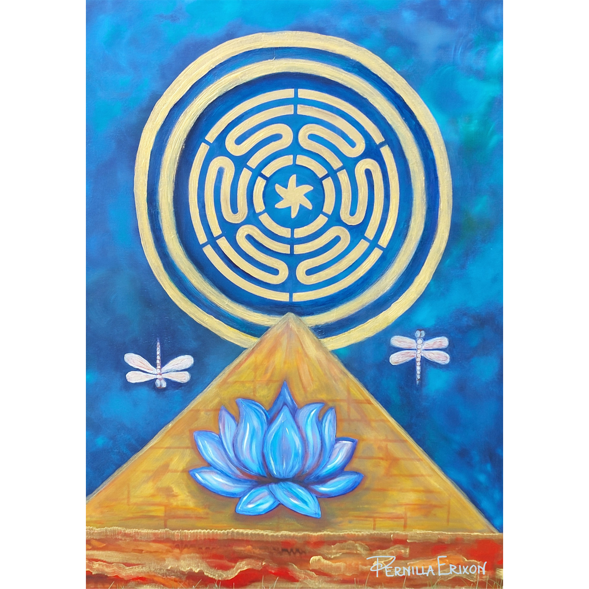Blå lotus Original tavla 60x80 cm (24x32") Symbolik, Pyramid