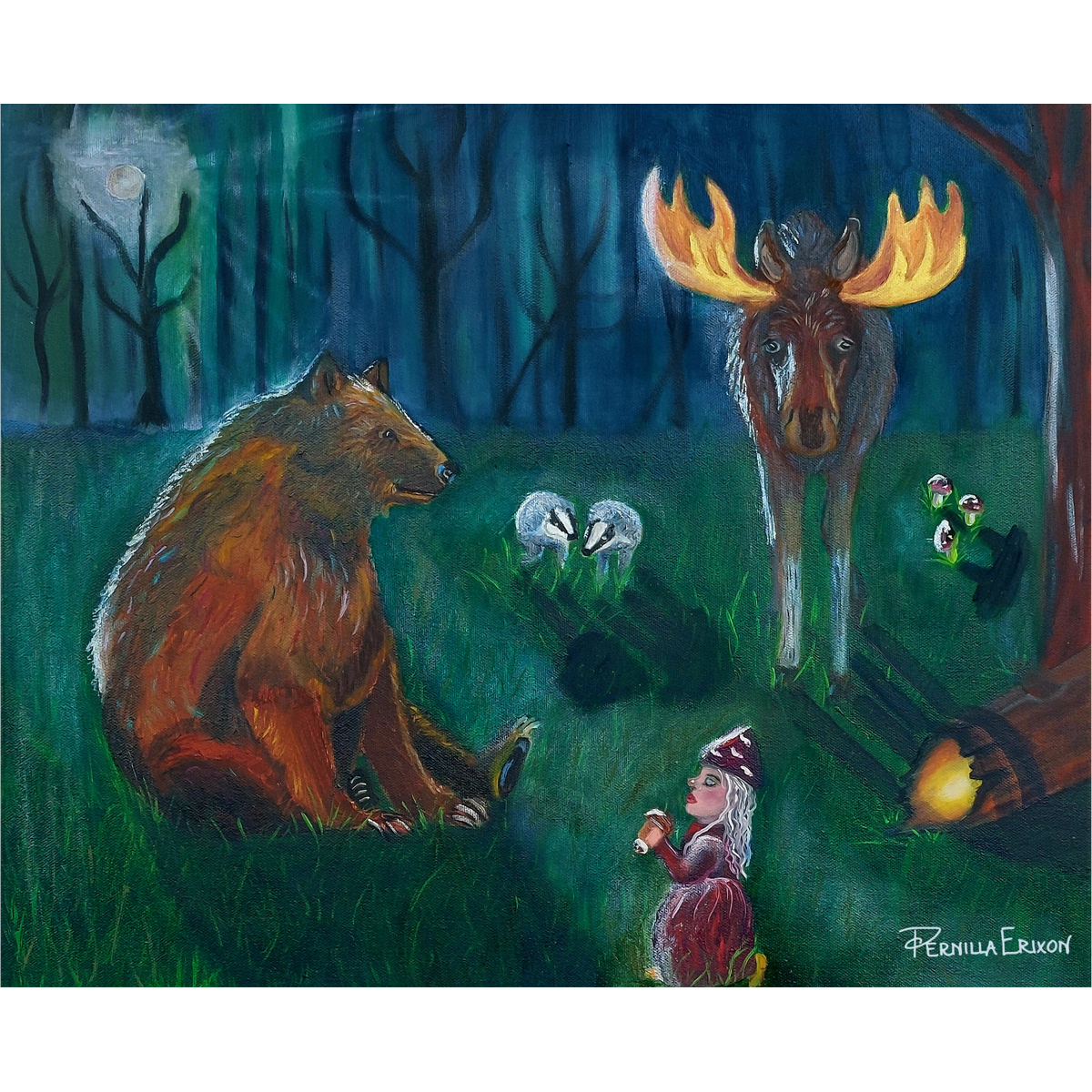 "KONSERT I DEN MAGISKA SKOGEN" Oljemålning 46x55 cm (18.4x22")
