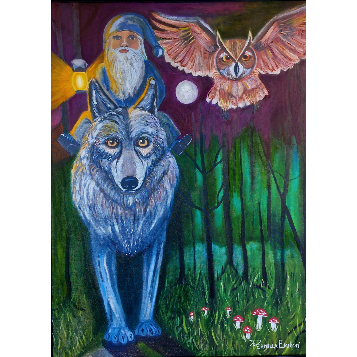 Tre vänner på äventyr Mixed media 60x80 cm (24x32") Tomte, Varg och UV Sago motiv