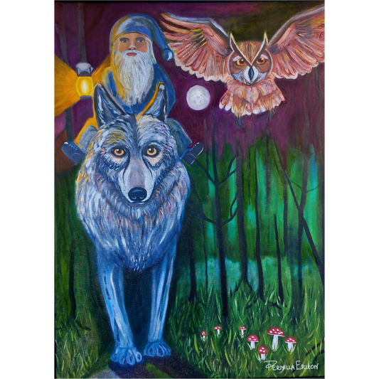 Tre vänner på äventyr Mixed media 60x80 cm (24x32") Tomte, Varg och UV Sago motiv
