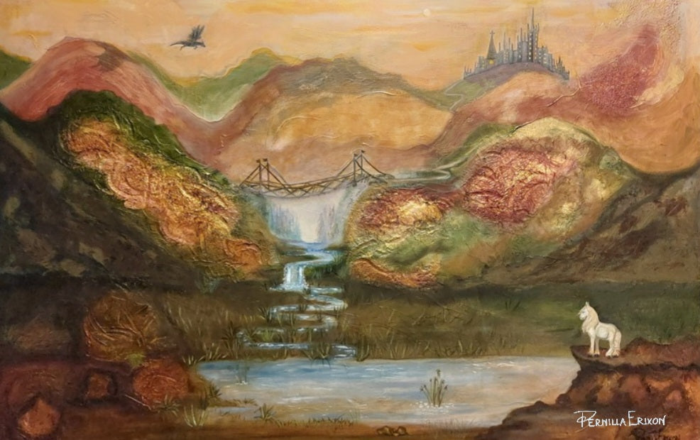 "DE GYLLENE BERGENS HEMLIGHET" Originaltavla, Mixed media 120x80 cm (48×32")