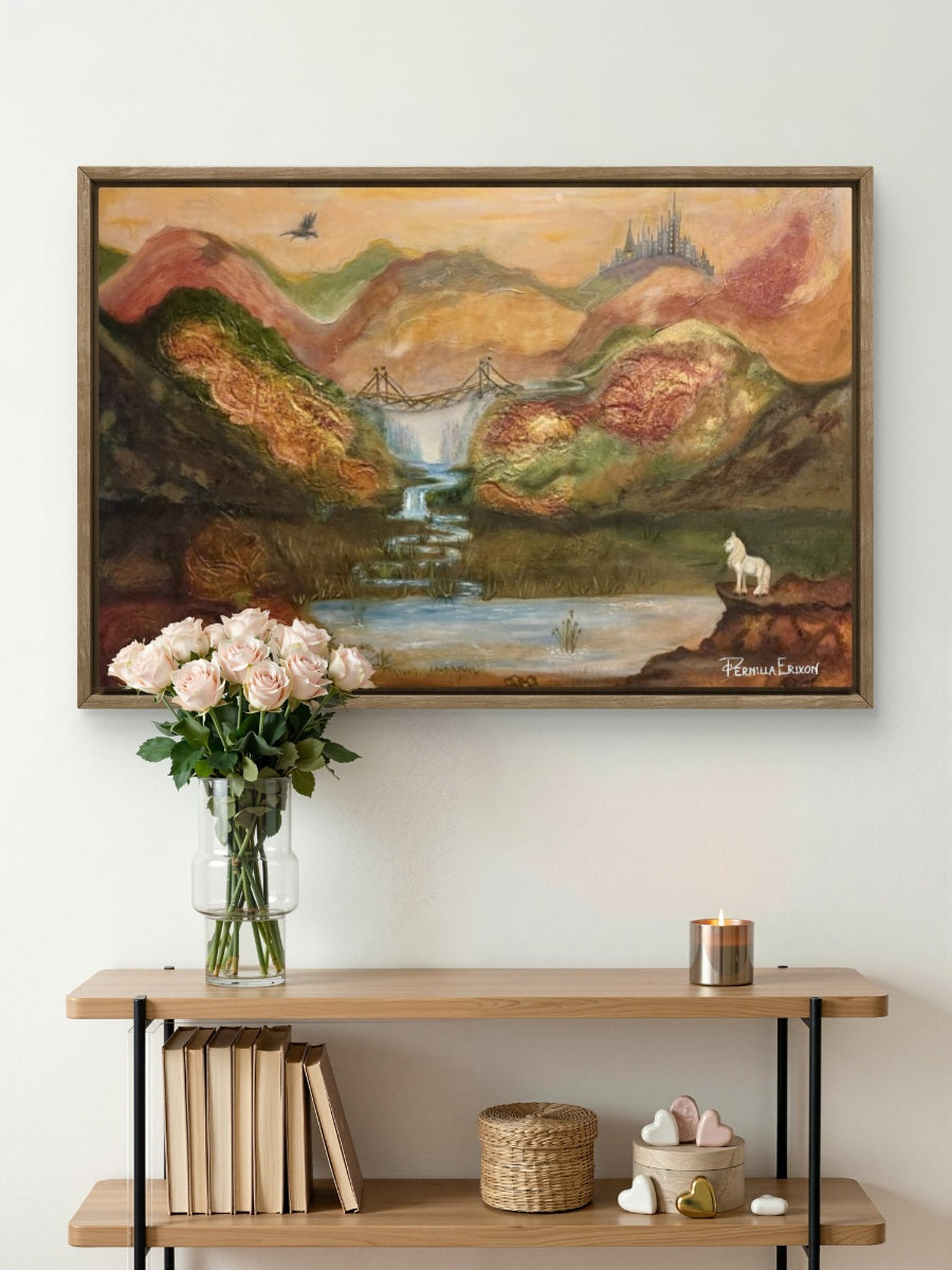 "DE GYLLENE BERGENS HEMLIGHET" Originaltavla, Mixed media 120x80 cm (48×32") Landskap, Guld