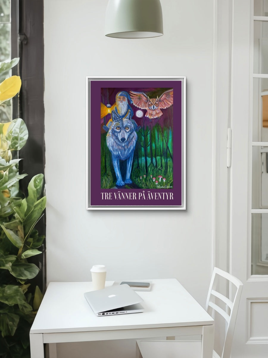 Halvblank 30x40 cm poster med motiv av en varg, en uggla och en trollkarl i en skog, inramad på en vit vägg.